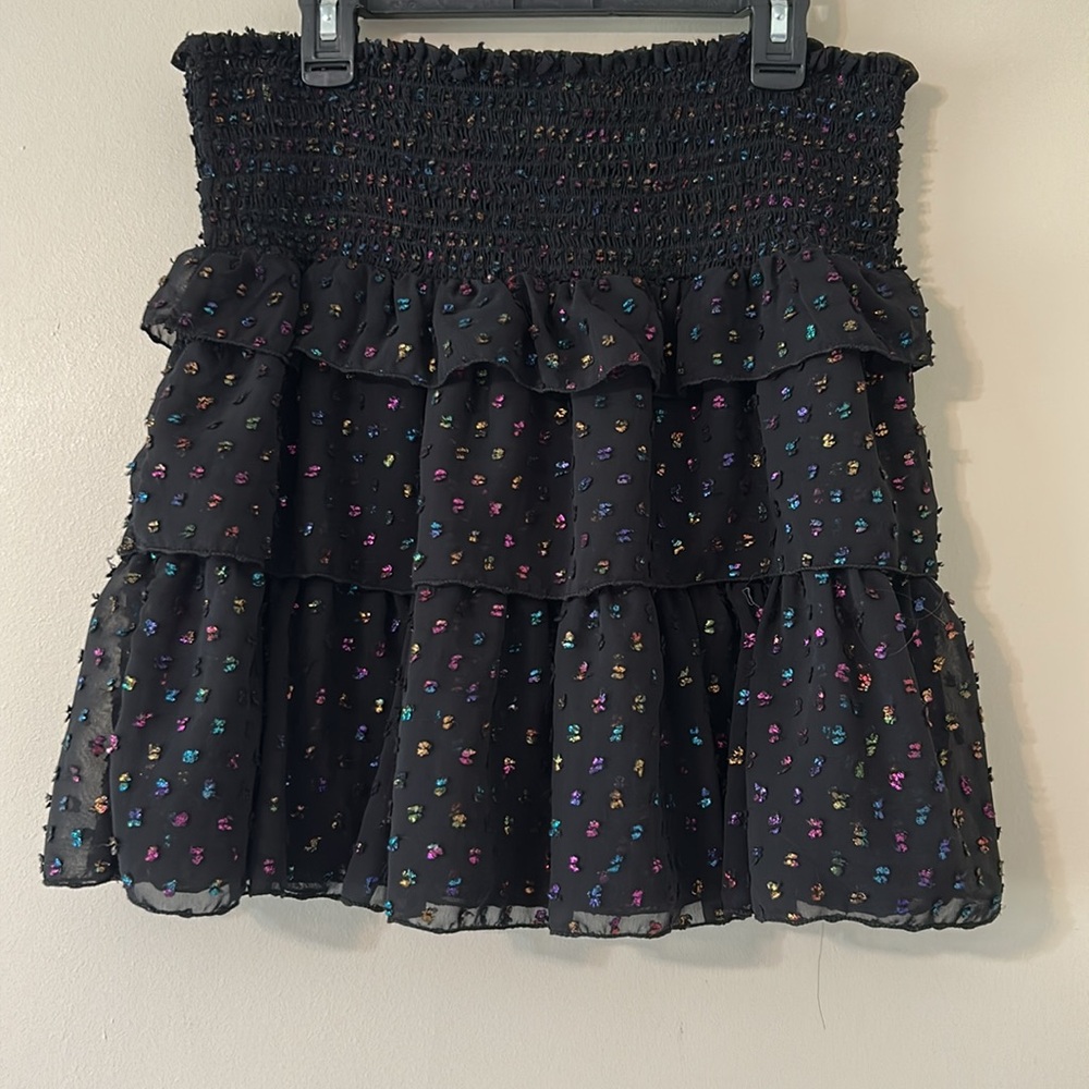 KOCH Black Rainbow Confetti Mini Skirt Metallic Swiss Dot Crepe Elastic Waist M - Picture 5 of 10